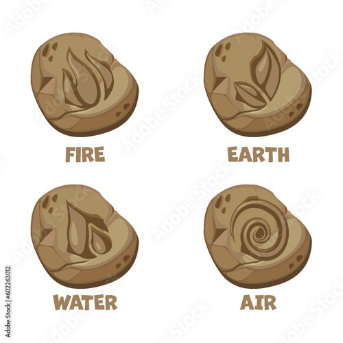 Amulets Stones-Air ,Water, Fire, Earth.Abstract Wind, Air, fire, water, earth symbol design on stones for game or app concept.