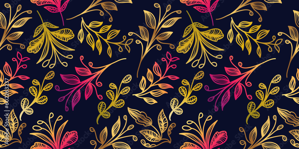 Colorful Seamless Floral Pattern with Gradient Style. Exotic Hand Drawn Flower Motif for Fashion, Wallpaper, Wrapping Paper, Background, Fabric, Textile, Apparel, and Card Design