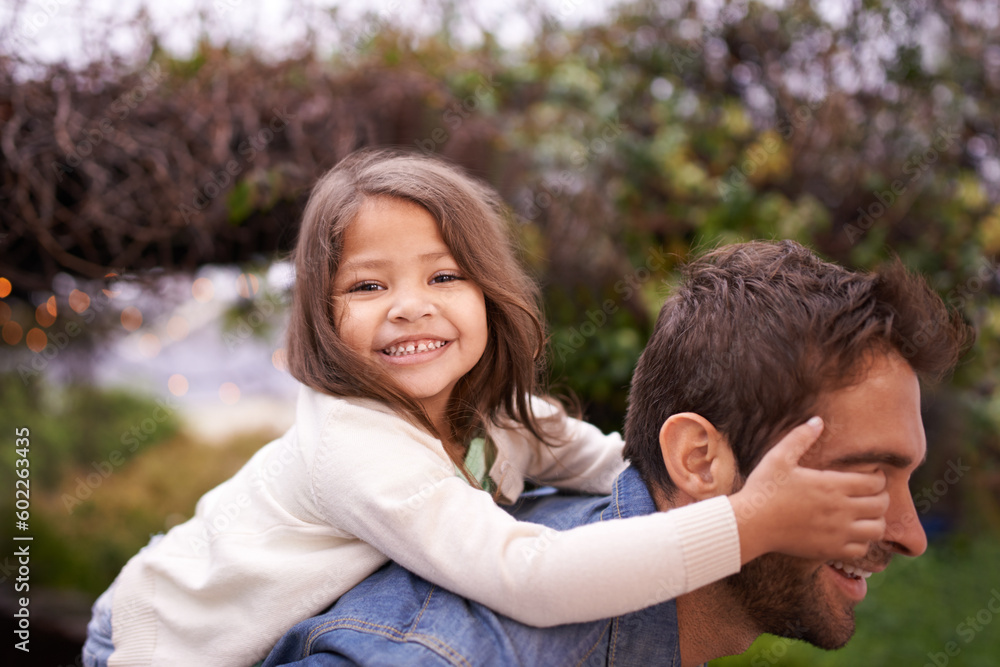 Portrait, piggyback and playful with father and daughter in nature for bonding, laughing or affectionate. Smile, relax and happiness with man carrying young child in park for support, weekend or care Portrait, piggyback and playful with father and daughter in nature for bonding, laughing or affectionate. Smile, relax and happiness with man carrying young child in park for support, weekend or care