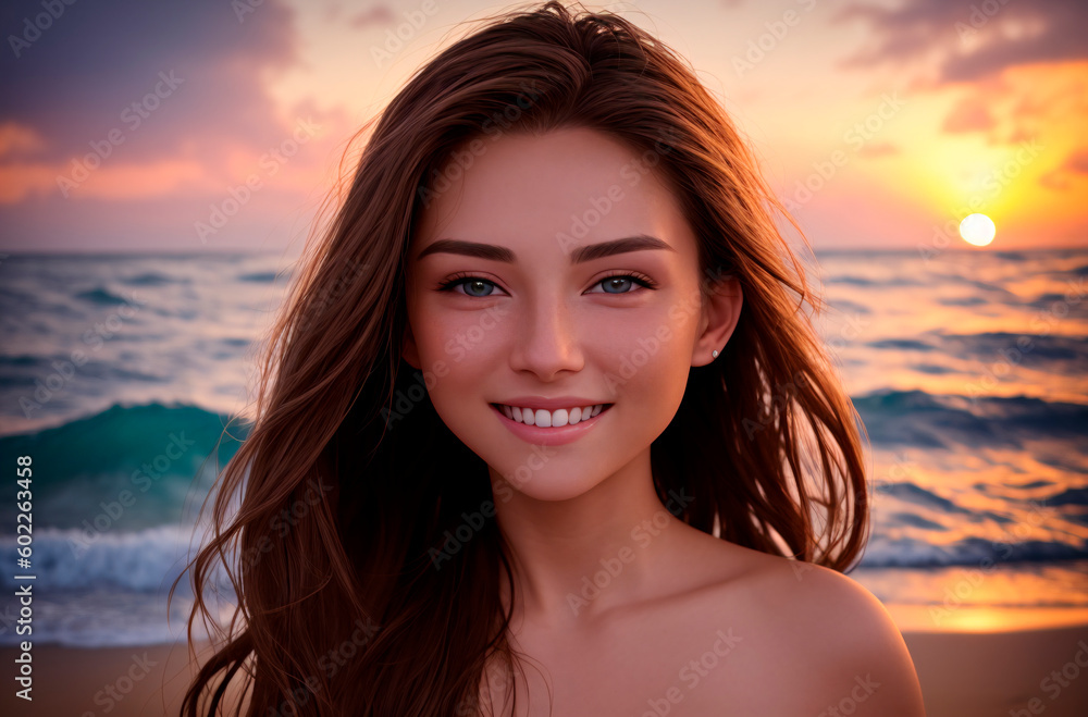 Naked woman on background of seascape. Portrait of young female smiling on background of ocean, sea at sunset. Generative AI.