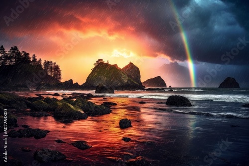 Illustration of a scenic landscape with a rainbow gracefully arcing across the sky, showering the land with colorful raindrops. A whimsical and enchanting depiction. Generative AI