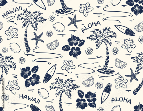 Obraz na płótnie Summer Vibes with Island tropical , Ocean and sail boat Seamless pattern Vector