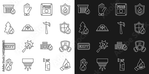 Set line Hand holding a fire, Gas mask, Fire protection shield, alarm system, Firefighter helmet, Burning forest tree, burning garage and axe icon. Vector