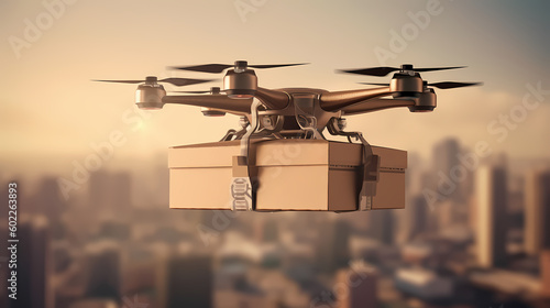Delivery drone flying with cityscape background. Generative AI