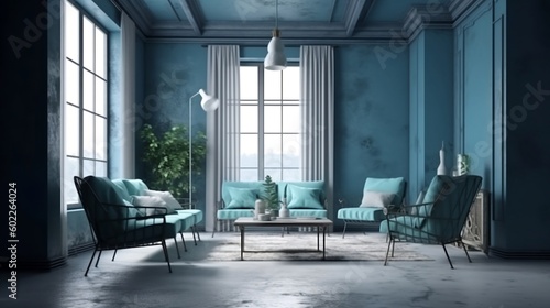 Modern Living Room loft and vintage interior of living room Blue armchairs AI Generated © Doctor AI