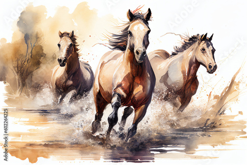 Watercolour abstract animal painting of brown horses running through a river which could be used as an equine poster or flyer, computer Generative AI stock illustration image © Tony Baggett