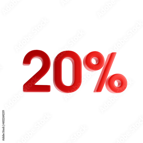 20 percent. Red twenty percent sign isolated on a white background. 3d rendering.