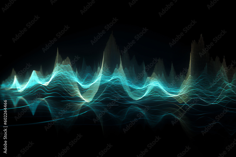 Audio soundwave scope signal as an abstract background depicting a sampled music sound wave frequency in a recording studio showing its amplitude, computer Generative AI stock illustration image Audio soundwave scope signal as an abstract background depicting a sampled music sound wave frequency in a recording studio showing its amplitude, computer Generative AI stock illustration image