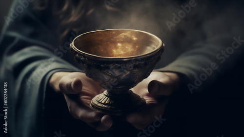 The Holy Grail is the chalice cup that Jesus Christ drank from at the Last Supper which has mystical powers according to the Arthurian legend , computer Generative AI stock illustration image 