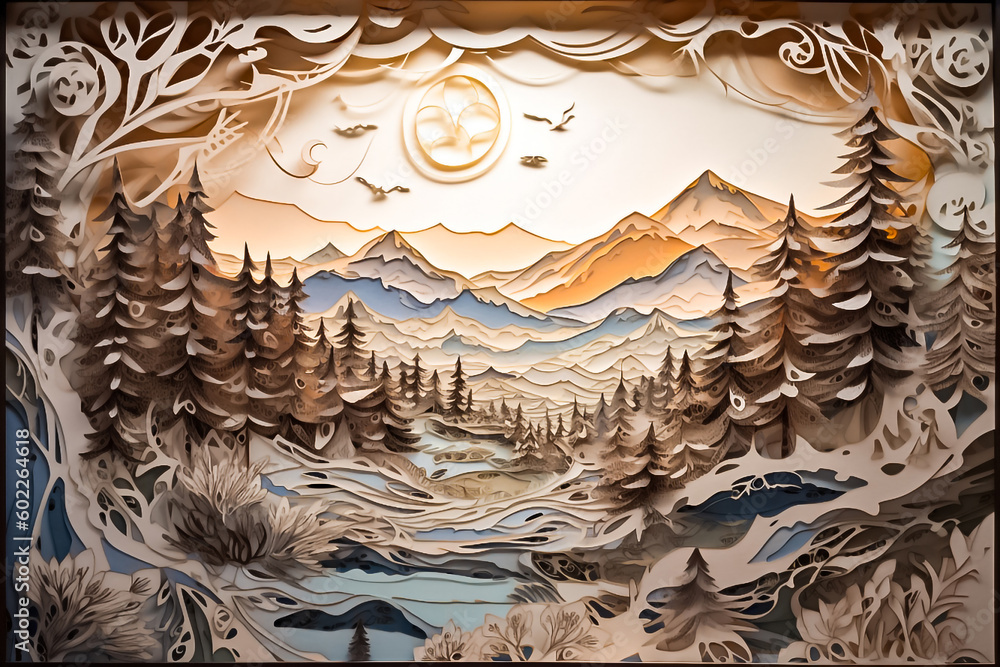 PaperCut and Paper art of a mountain range and a flowing stream, capturing the natural beauty of the outdoors through handcrafted paper. generative AI.