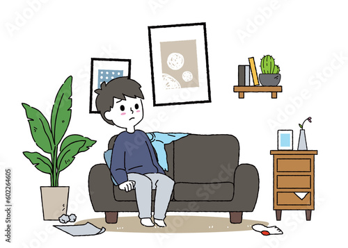 シンプルなソファに座る体調不良の男性のイラスト