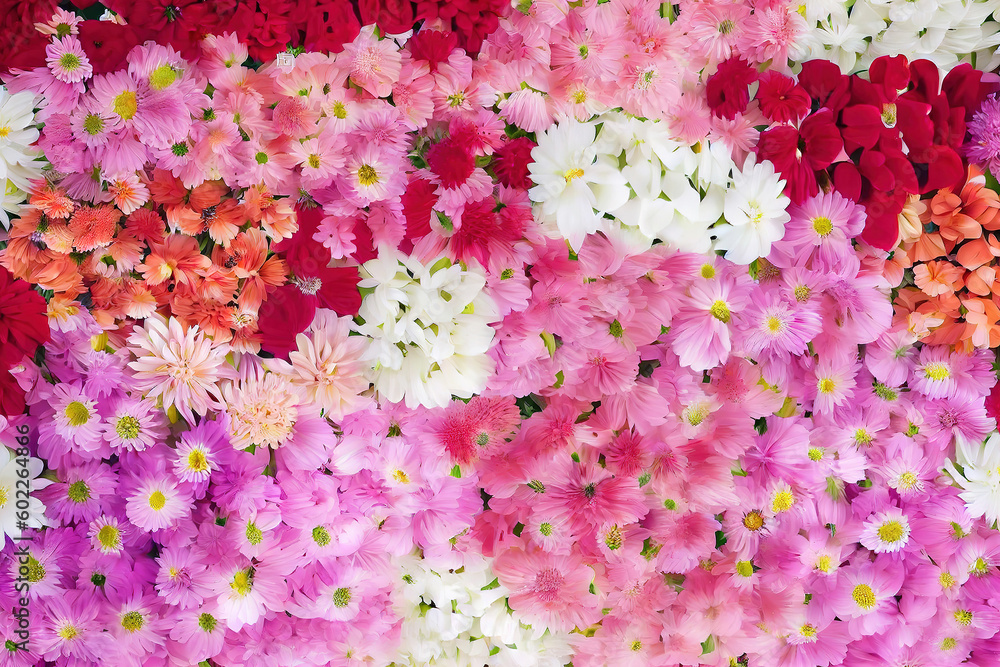 Fototapeta premium Flowers wall background with amazing red,orange,pink,purple,green and white chrysanthemum flowers. Generative Ai