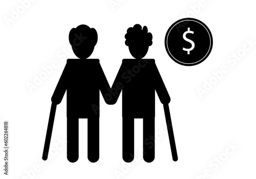 Icono negro de pensiones o pareja de pensionistas con el símbolo de dólar