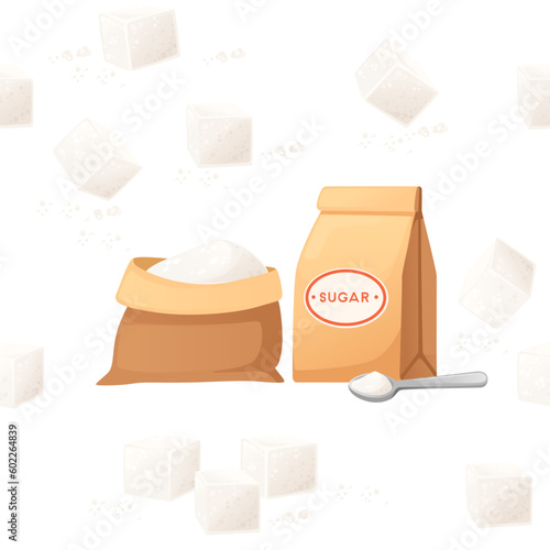 Seamless pattern white cube and granulated sugar in paper bag with spoon vector illustration on white background