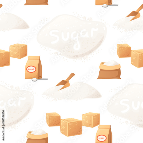 Seamless pattern brown cube and granulated sugar in paper bag with spoon vector illustration on white background