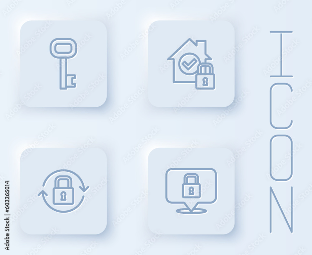 Set line Old key, House under protection, Lock and . White square button. Vector Set line Old key, House under protection, Lock and . White square button. Vector