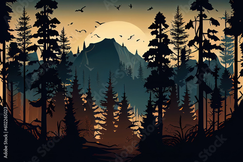 Realistic mountains landscape. pine trees and mountains silhouettes. Generative Ai