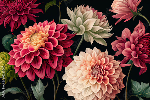 Seamless pattern with hand drawn dahlia . Generative Ai