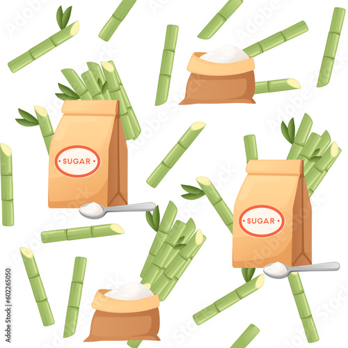 Seamless pattern raw green sugar canes with sugar grain vector illustration on white background