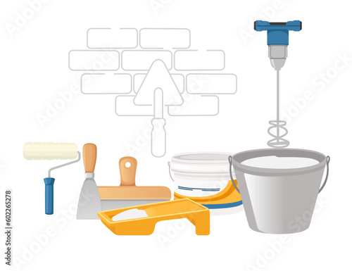 Tools for plastering walls and surfaces vector illustration on white background