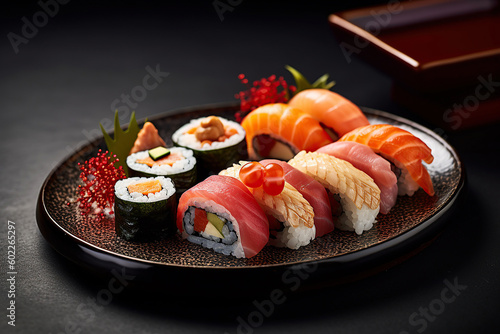 Sushi roll set. Sushi menu. Japanese cuisine. Generative AI illustration.