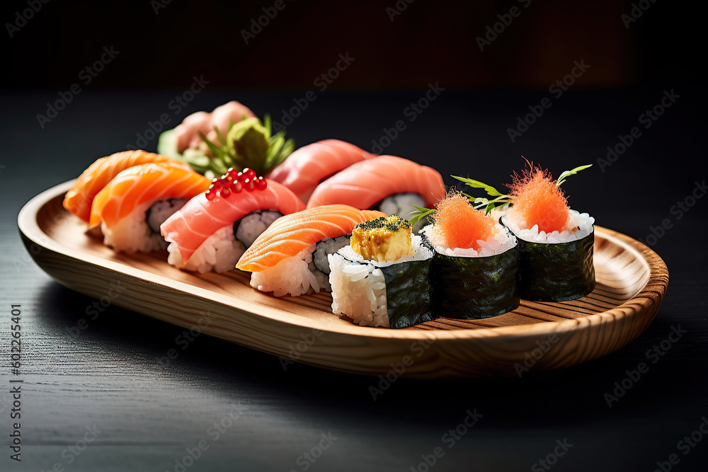 Sushi roll set. Sushi menu. Japanese cuisine. Generative AI illustration. Sushi roll set. Sushi menu. Japanese cuisine. Generative AI illustration.