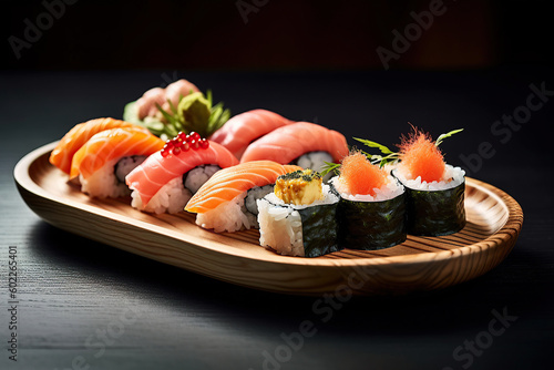Sushi roll set. Sushi menu. Japanese cuisine. Generative AI illustration.