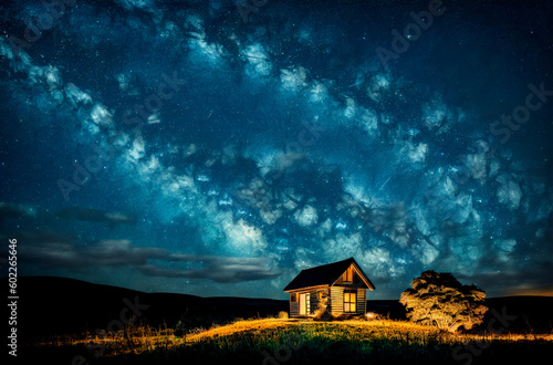 House on background of starry sky. Secluded residential building at night with stars in sky. Generative AI.