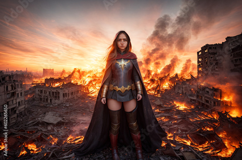 Superhero girl. Young woman in fantastic costume on background of ruined city. Generative AI.