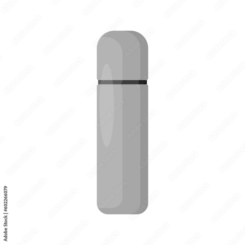 Metal thermos isolated on white background. Bottle for hot drinks. Cartoon container for camping. Vector illustration Metal thermos isolated on white background. Bottle for hot drinks. Cartoon container for camping. Vector illustration