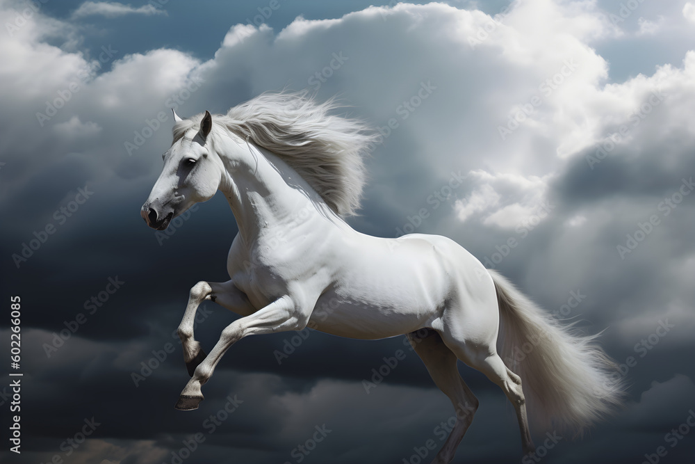 A beautiful white horse over a cloudy sky. Generative AI
