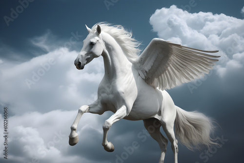 A white winged horse, flying in the clouds. Generative AI