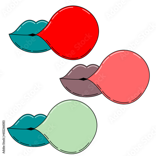 set of Woman lips with bubble gum, vector drawing.  vector illustrator. vibrant colors, pastel colors.
