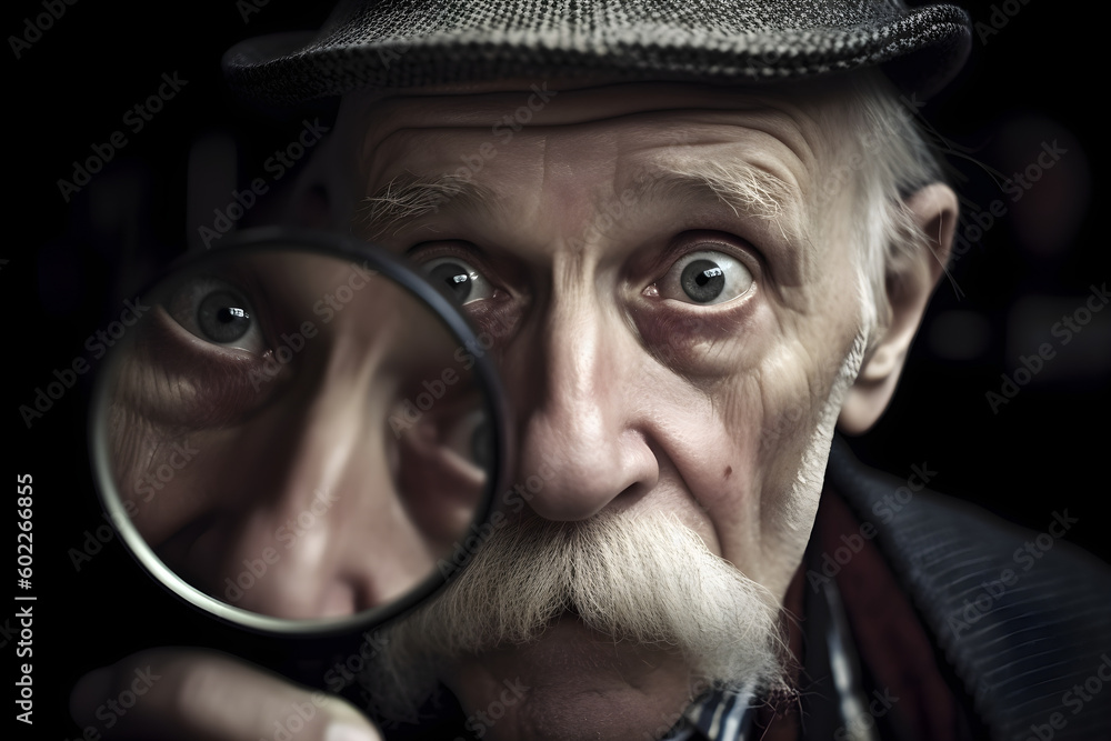 Funny old man looking though a magnifying glass. Generative AI