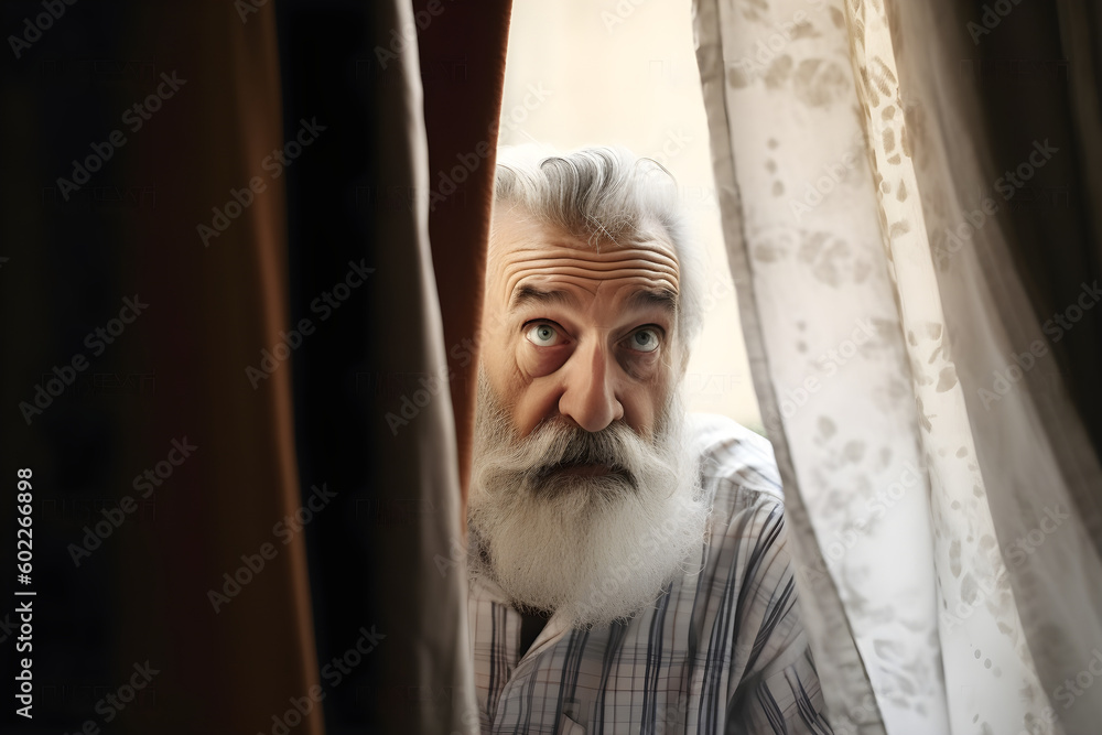 Naklejka premium Funny old man looking suspiciously from behind a curtain. Generative AI