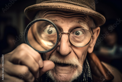 Funny old man looking though a magnifying glass. Generative AI