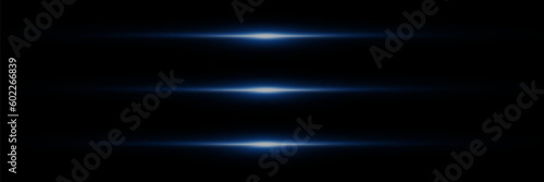 Flashes and glare. Glowing stripes on a black background. Rays of light in neon and blue. Bright glowing lines. Pack of blue horizontal highlights. Laser beams, horizontal light beams.