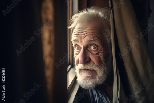 Funny old man looking suspiciously from behind a curtain. Generative AI