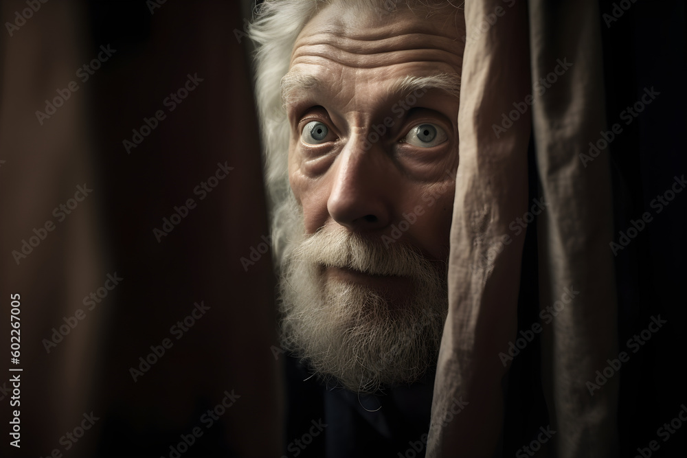 Funny old man looking suspiciously from behind a curtain. Generative AI Funny old man looking suspiciously from behind a curtain. Generative AI