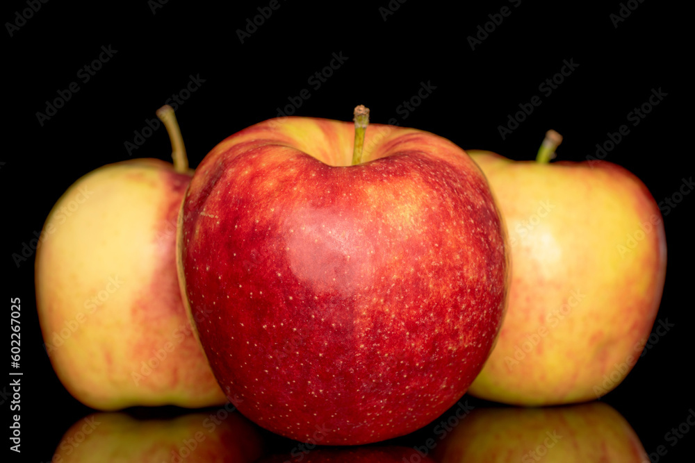 Three ripe red apples, macro, isolated on black background. Three ripe red apples, macro, isolated on black background.