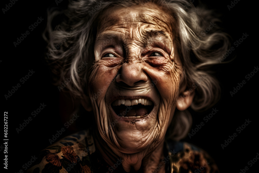 Happy old woman laughing frantically. Generative AI Happy old woman laughing frantically. Generative AI