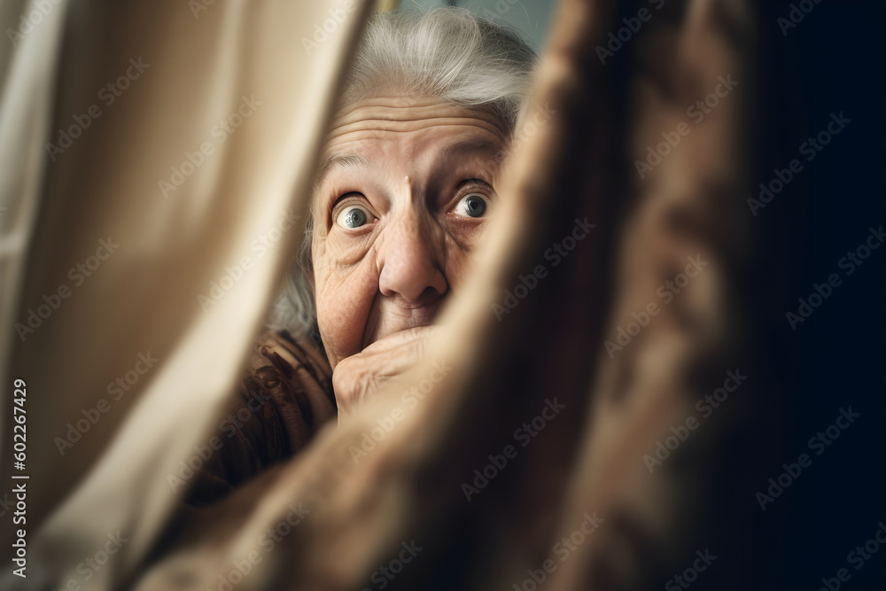 Funny old woman looking suspiciously from behind a curtain. Generative AI Funny old woman looking suspiciously from behind a curtain. Generative AI