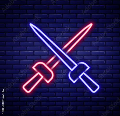 Glowing neon line Fencing icon isolated on brick wall background. Sport equipment. Colorful outline concept. Vector