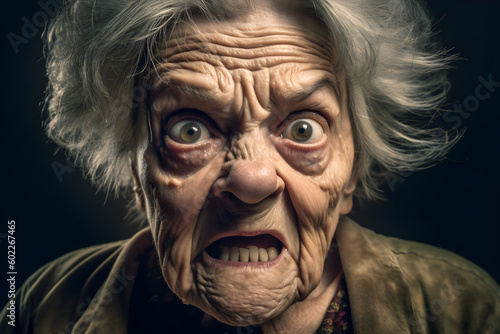 An old woman who is extremely angry and furious. Generative AI