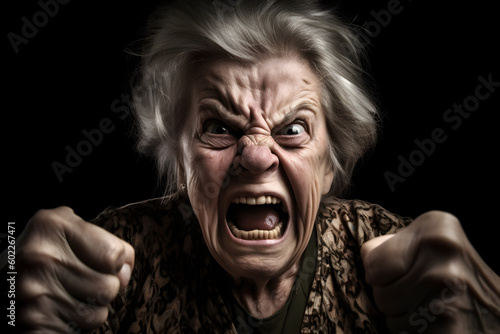 An old woman who is extremely angry and furious. Generative AI photo