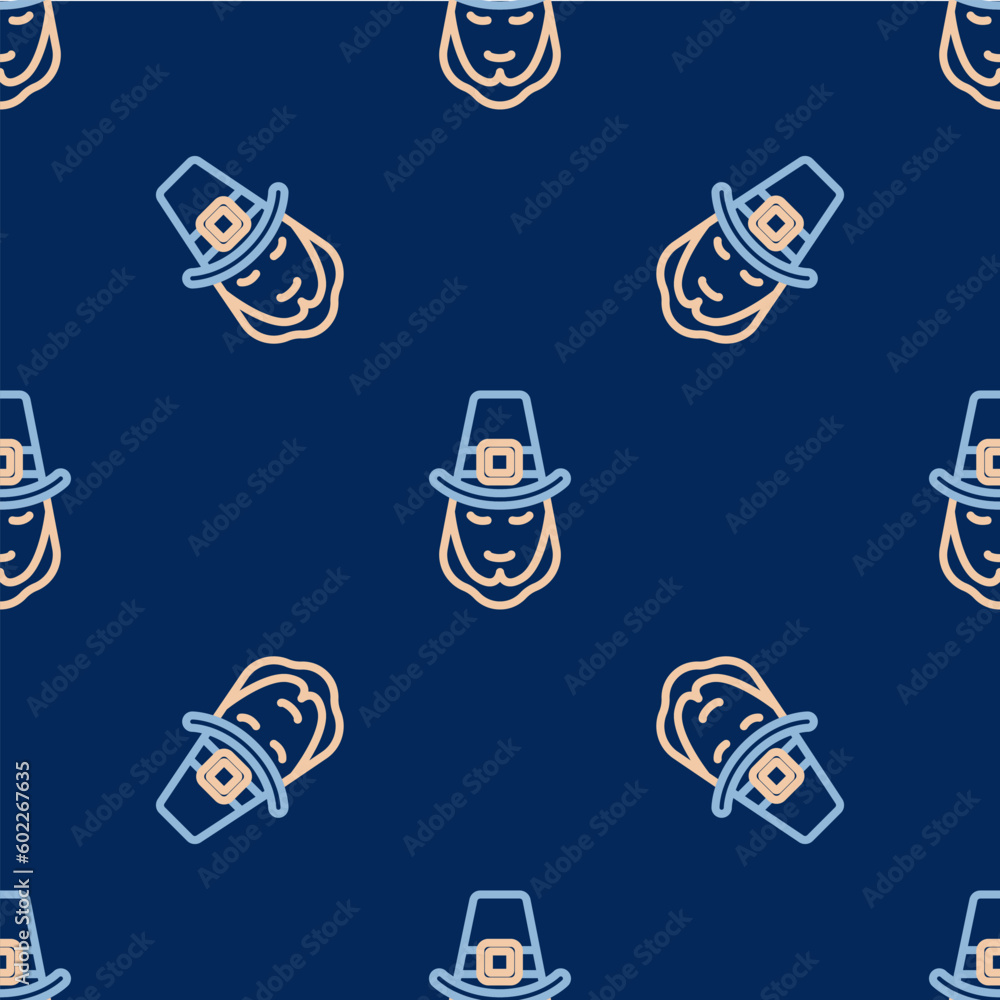 Line Leprechaun icon isolated seamless pattern on blue background. Happy Saint Patricks day. National Irish holiday. Vector Line Leprechaun icon isolated seamless pattern on blue background. Happy Saint Patricks day. National Irish holiday. Vector