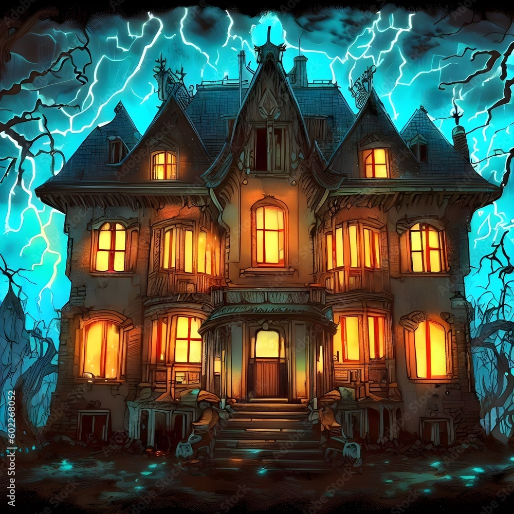 halloween haunted mansion with lightning on the sky illustration Generative AI halloween haunted mansion with lightning on the sky illustration Generative AI
