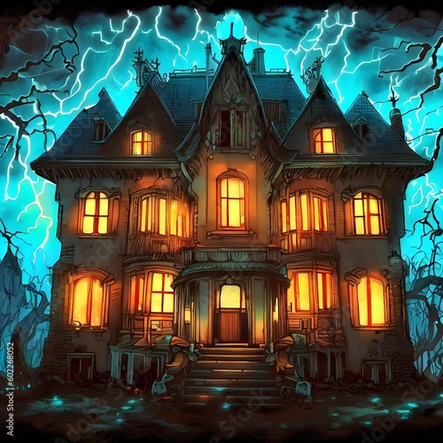 halloween haunted mansion with lightning on the sky illustration Generative AI