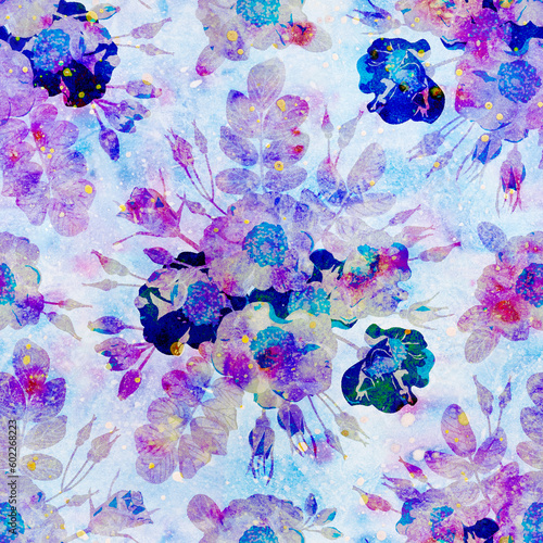 Seamless pattern with floral ornament. Raster illustration for design, wrapping, packaging. Watercolor style.