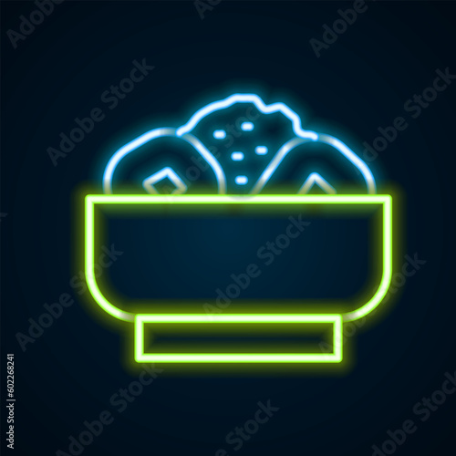 Glowing neon line Chow mein on plate icon isolated on black background. Asian food. Colorful outline concept. Vector